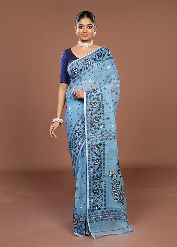 Blue Jamdani Cotton Saree Without Blouse Piece