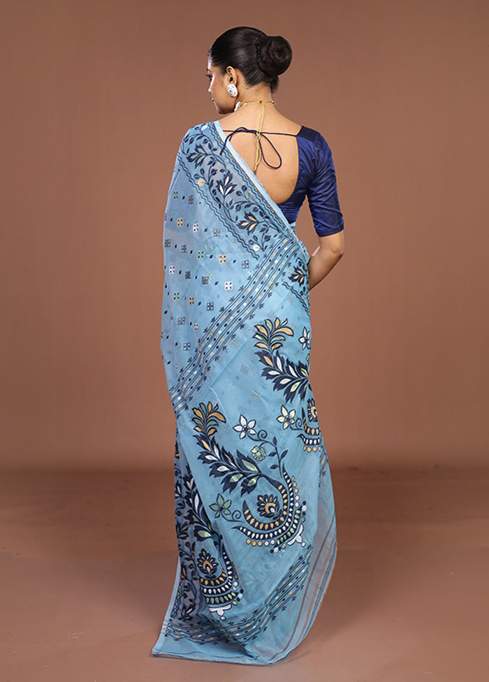Blue Jamdani Cotton Saree Without Blouse Piece