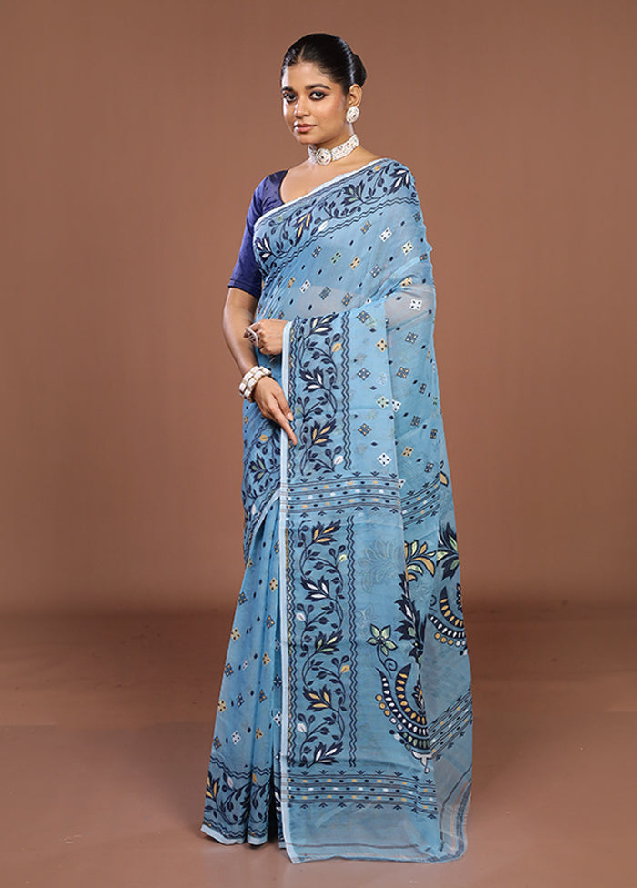 Blue Jamdani Cotton Saree Without Blouse Piece