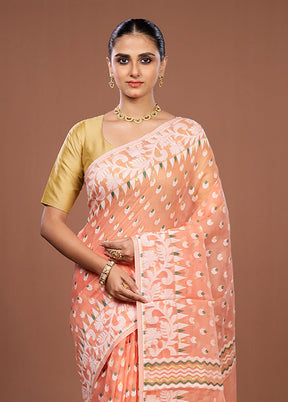 Peach Jamdani Cotton Saree Without Blouse Piece