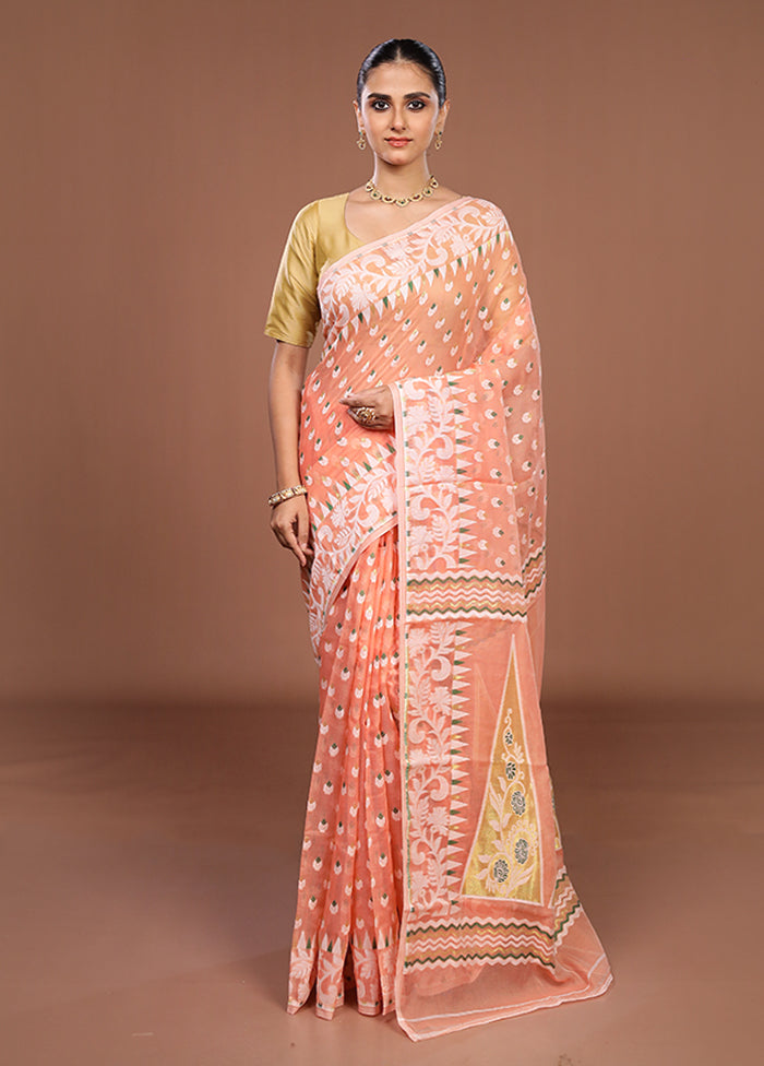 Peach Jamdani Cotton Saree Without Blouse Piece