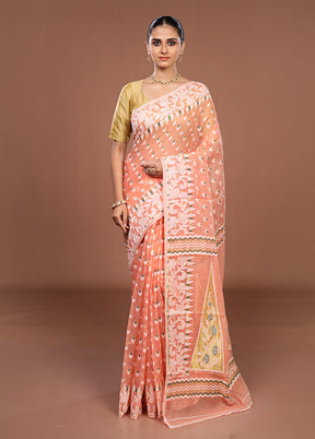 Peach Jamdani Cotton Saree Without Blouse Piece