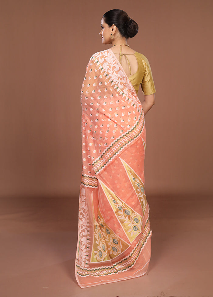 Peach Jamdani Cotton Saree Without Blouse Piece