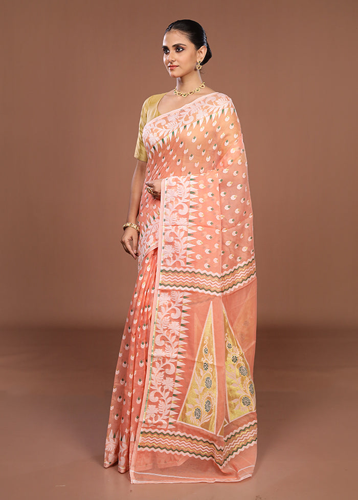 Peach Jamdani Cotton Saree Without Blouse Piece