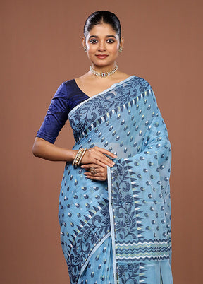 Blue Jamdani Cotton Saree Without Blouse Piece