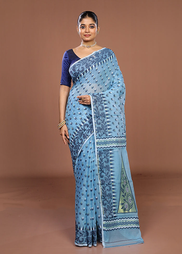 Blue Jamdani Cotton Saree Without Blouse Piece