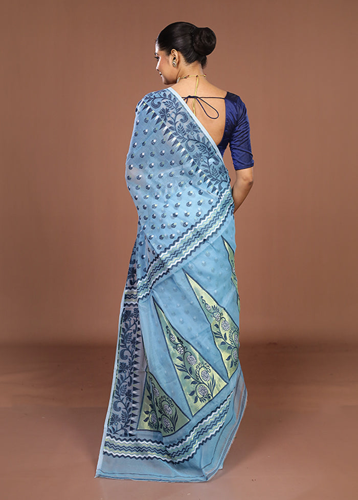 Blue Jamdani Cotton Saree Without Blouse Piece