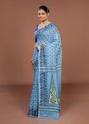 Blue Jamdani Cotton Saree Without Blouse Piece
