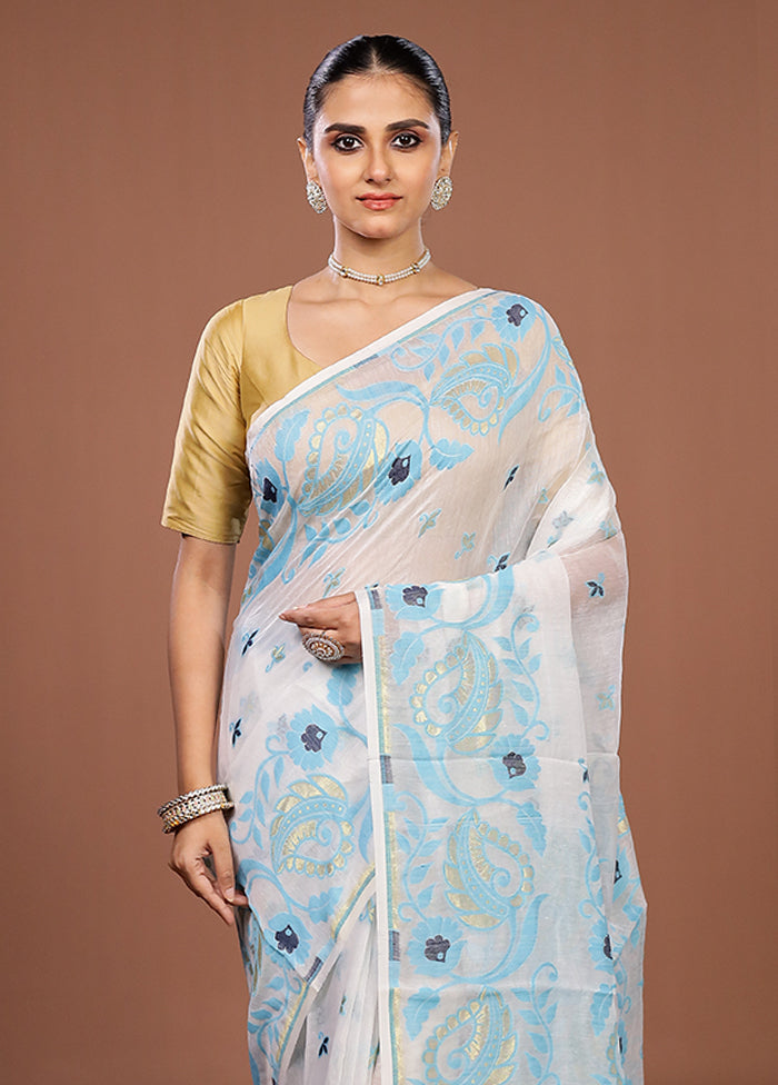 White Jamdani Cotton Saree Without Blouse Piece