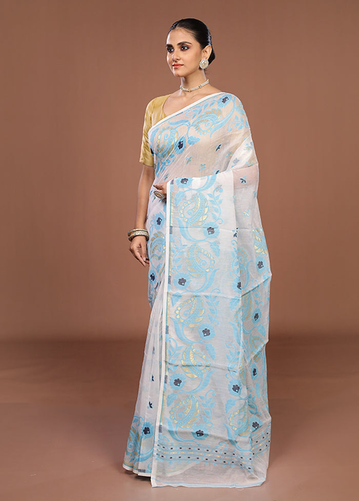 White Jamdani Cotton Saree Without Blouse Piece