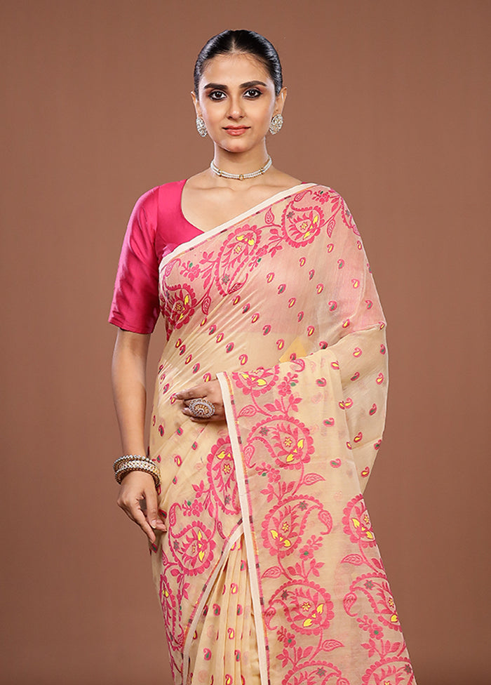 Cream Jamdani Cotton Saree Without Blouse Piece