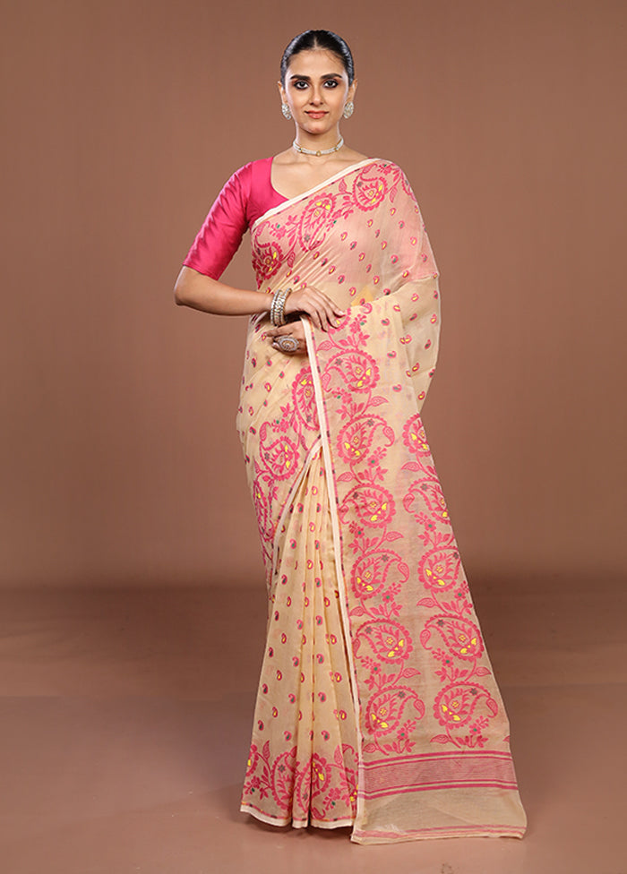 Cream Jamdani Cotton Saree Without Blouse Piece