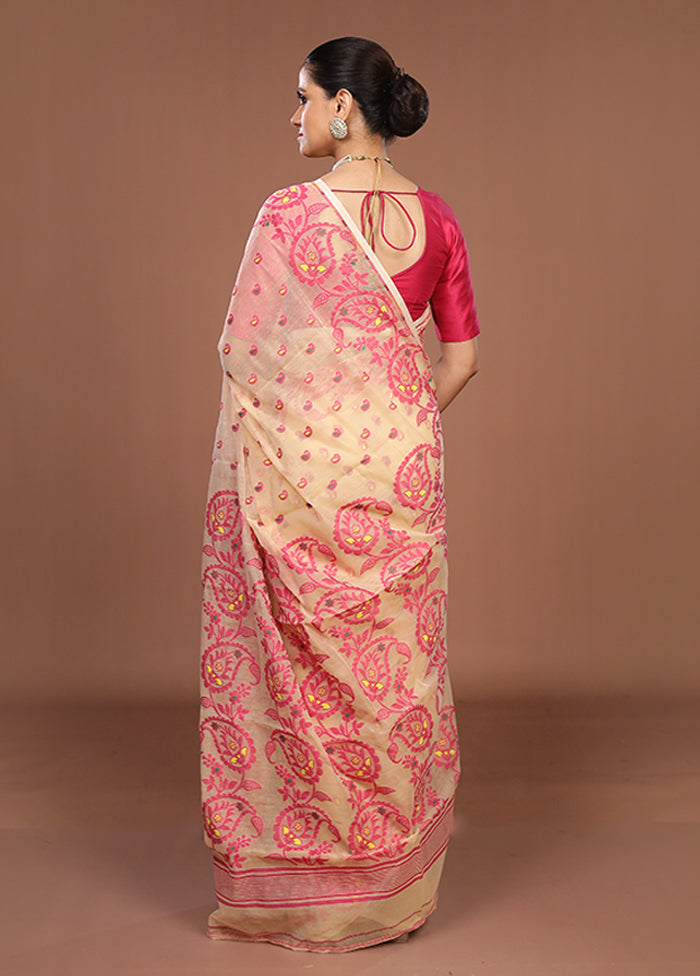 Cream Jamdani Cotton Saree Without Blouse Piece