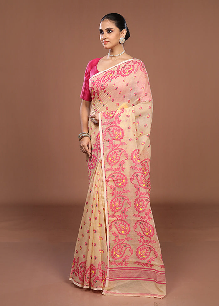 Cream Jamdani Cotton Saree Without Blouse Piece