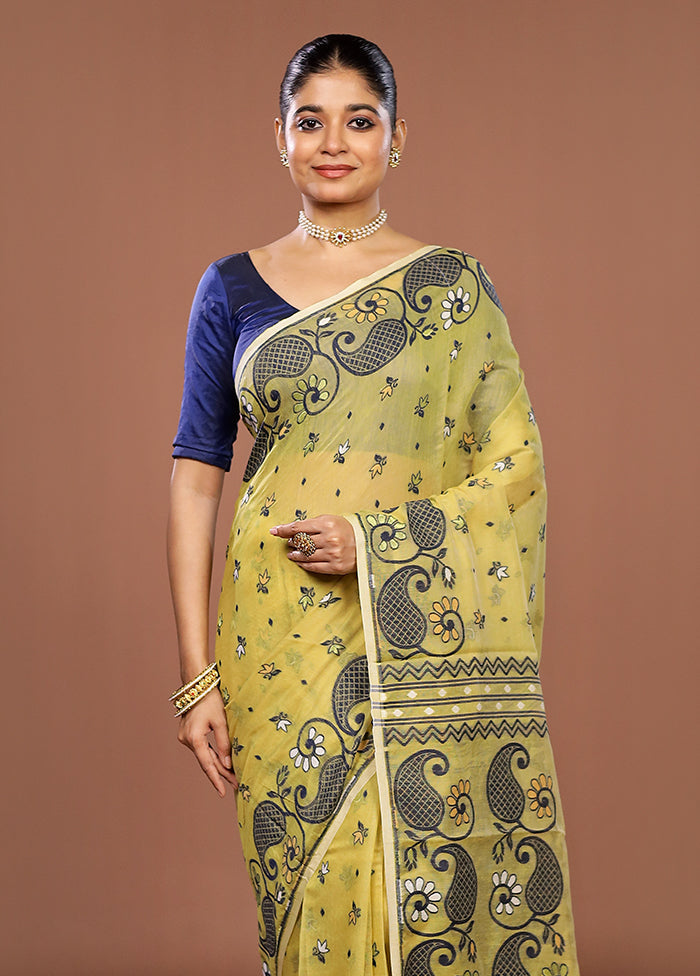 Yellow Jamdani Cotton Saree Without Blouse Piece