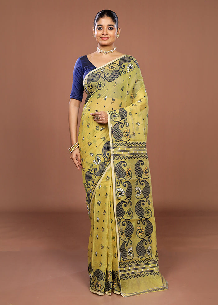 Yellow Jamdani Cotton Saree Without Blouse Piece