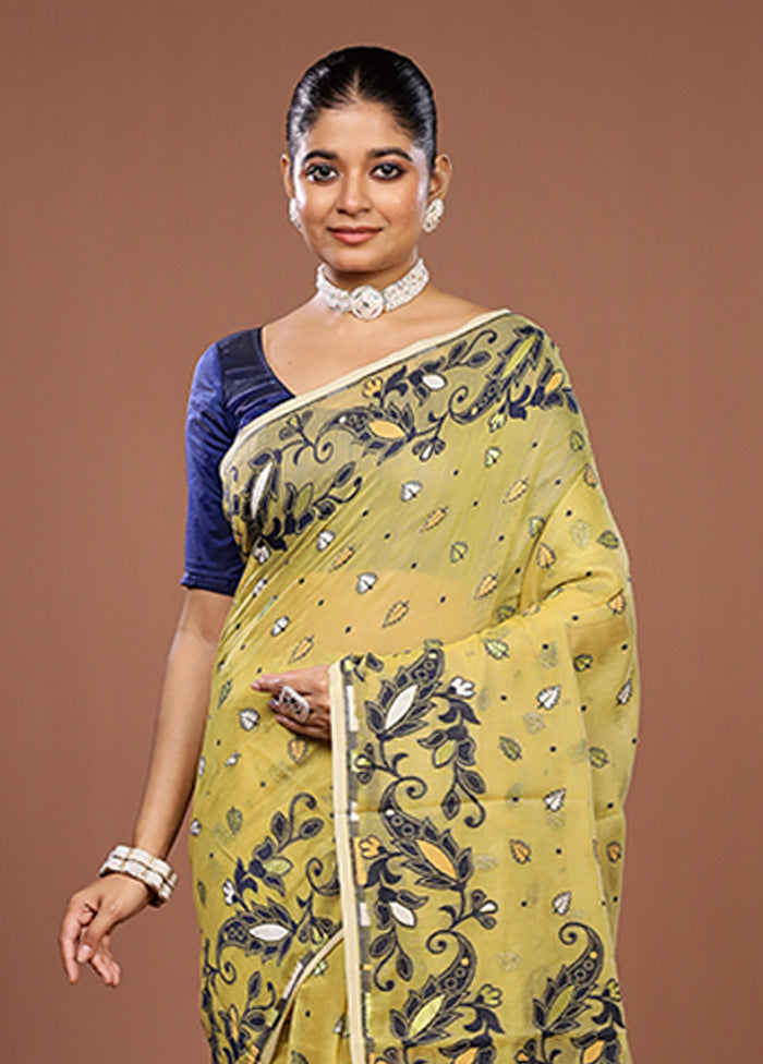 Yellow Jamdani Cotton Saree Without Blouse Piece