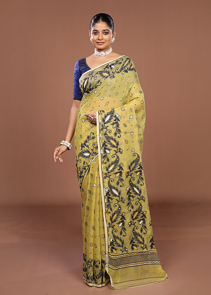 Yellow Jamdani Cotton Saree Without Blouse Piece
