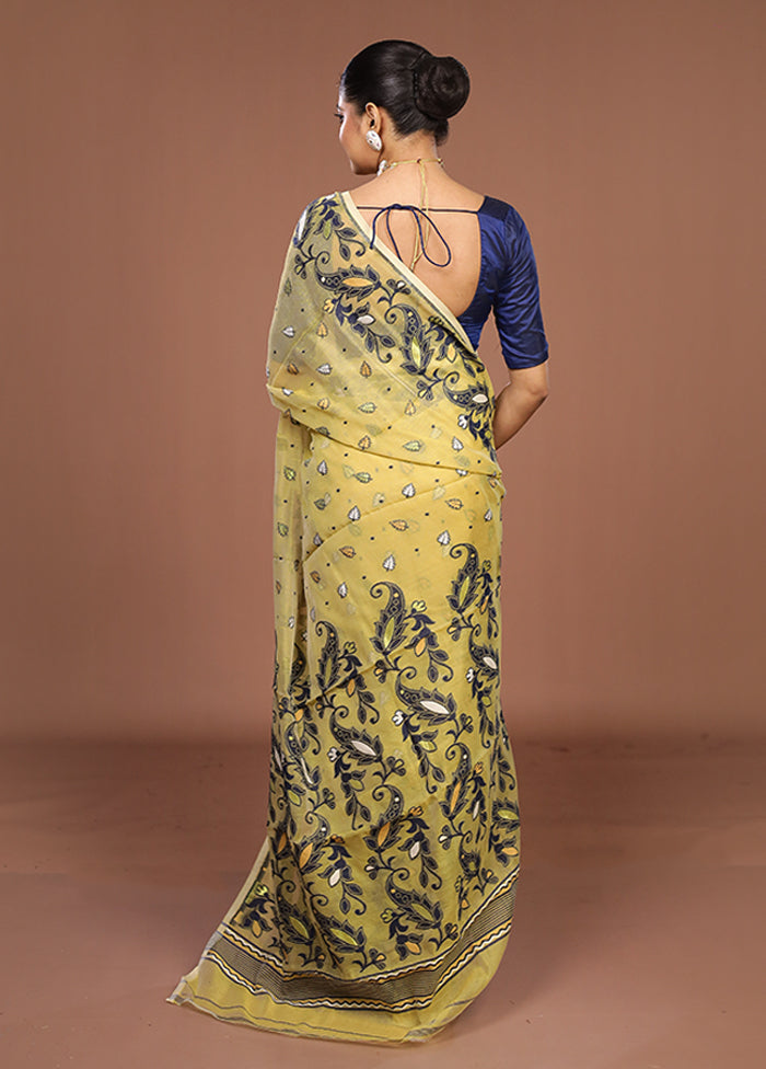 Yellow Jamdani Cotton Saree Without Blouse Piece