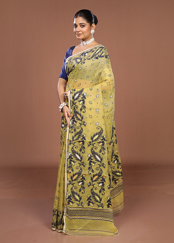 Yellow Jamdani Cotton Saree Without Blouse Piece