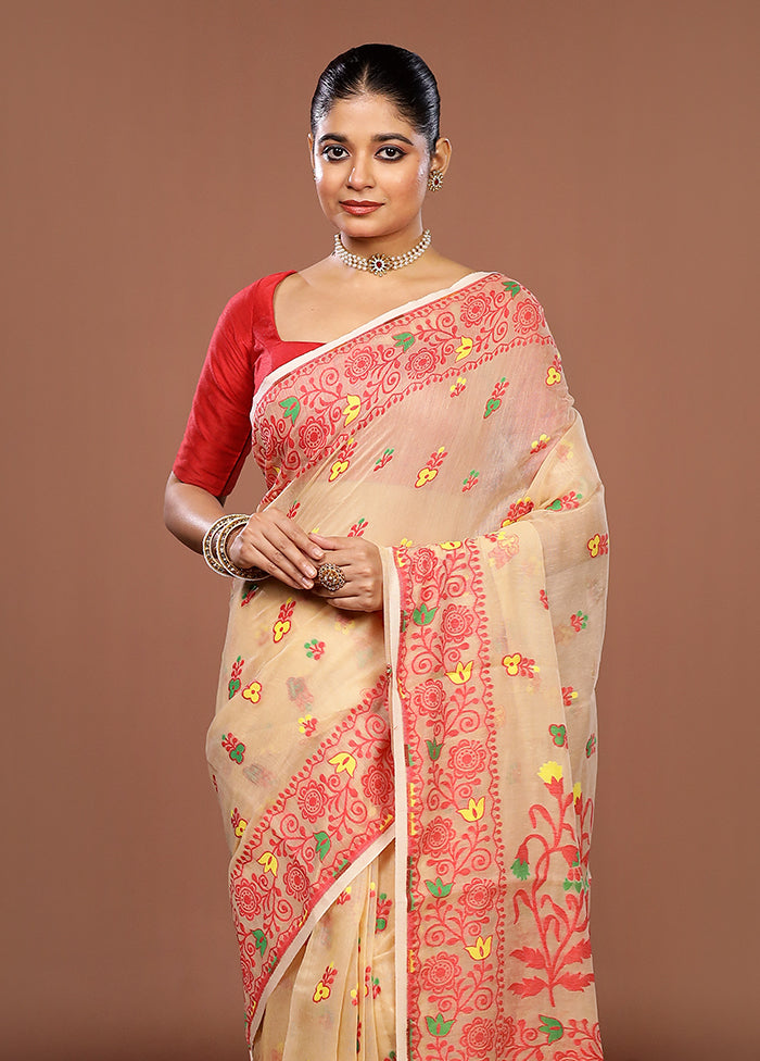 Cream Jamdani Cotton Saree Without Blouse Piece