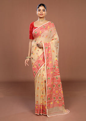 Cream Jamdani Cotton Saree Without Blouse Piece