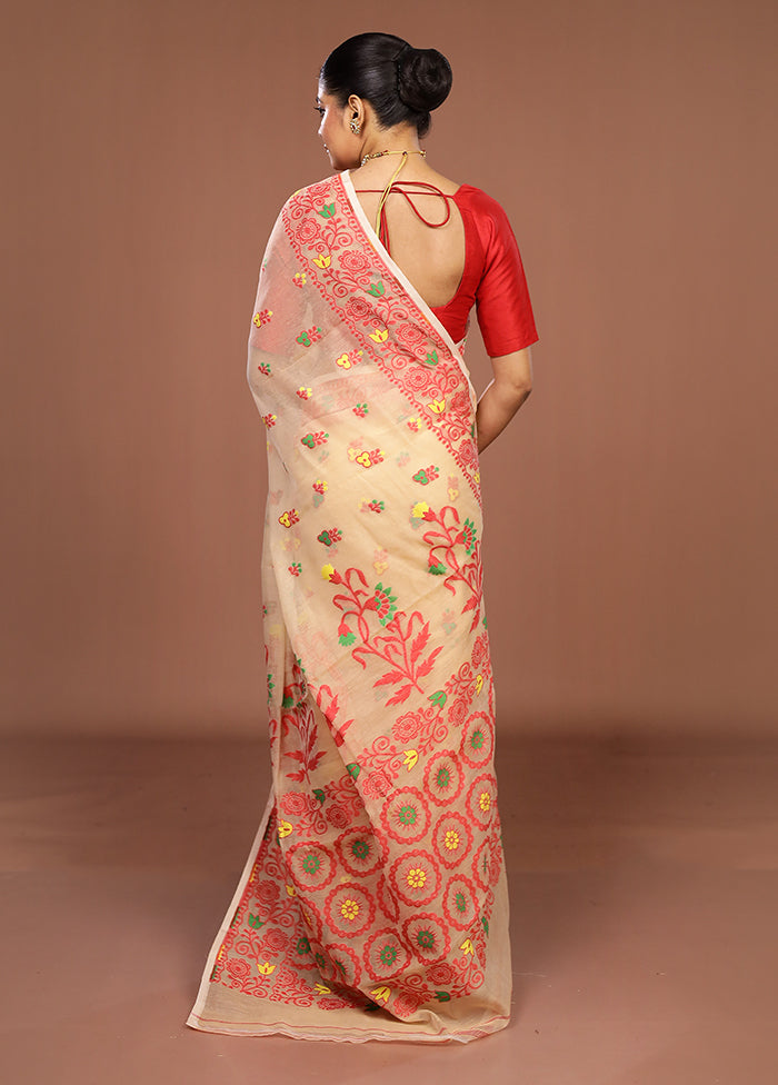 Cream Jamdani Cotton Saree Without Blouse Piece