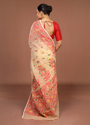 Cream Jamdani Cotton Saree Without Blouse Piece