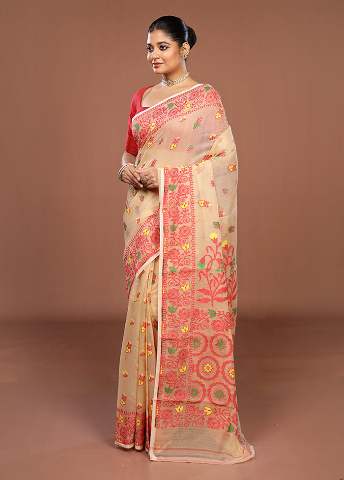 Cream Jamdani Cotton Saree Without Blouse Piece