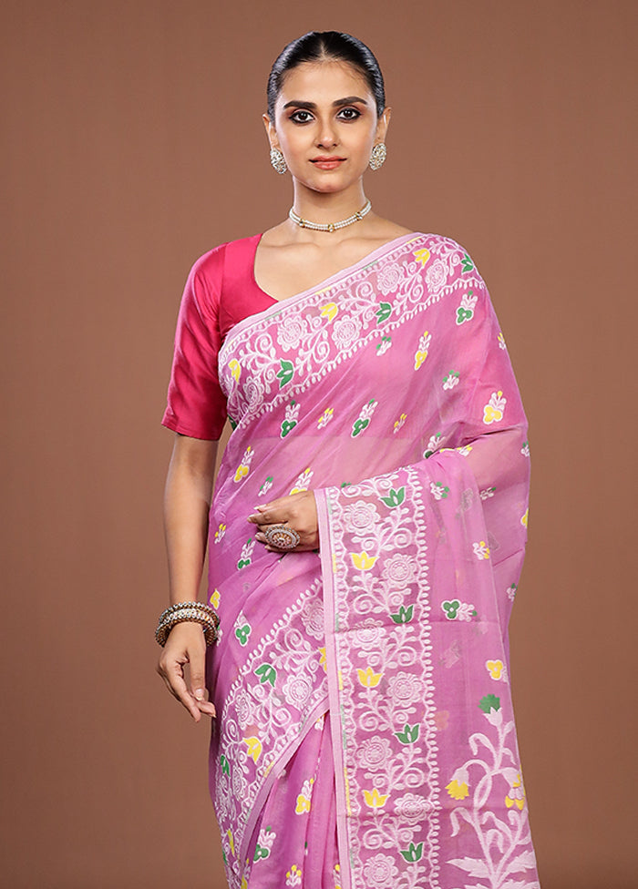 Pink Jamdani Cotton Saree Without Blouse Piece
