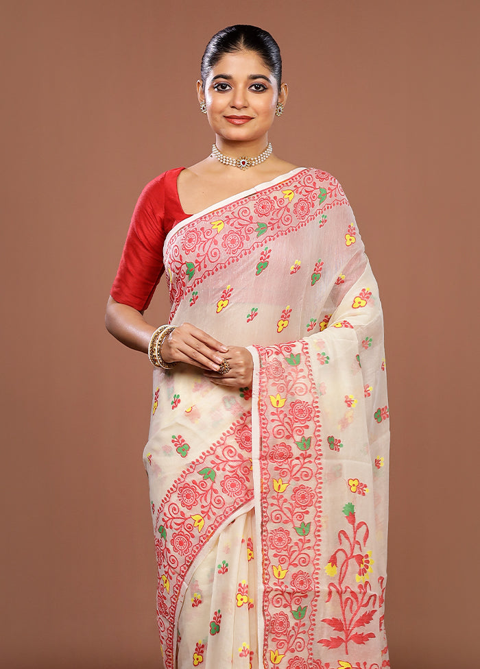 Cream Jamdani Cotton Saree Without Blouse Piece
