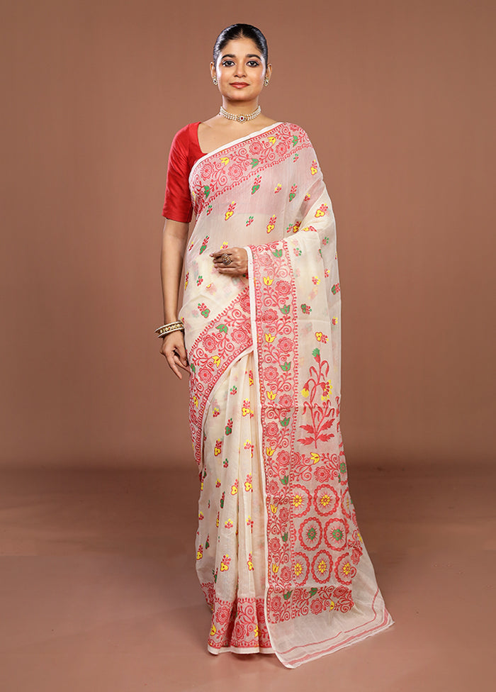 Cream Jamdani Cotton Saree Without Blouse Piece