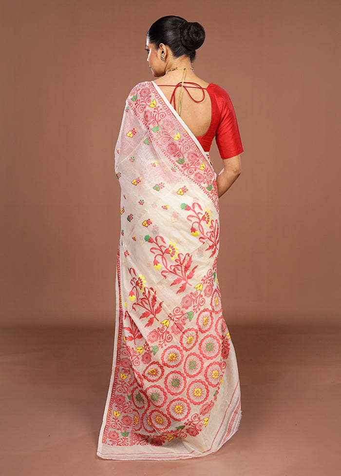 Cream Jamdani Cotton Saree Without Blouse Piece