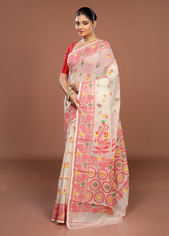 Cream Jamdani Cotton Saree Without Blouse Piece
