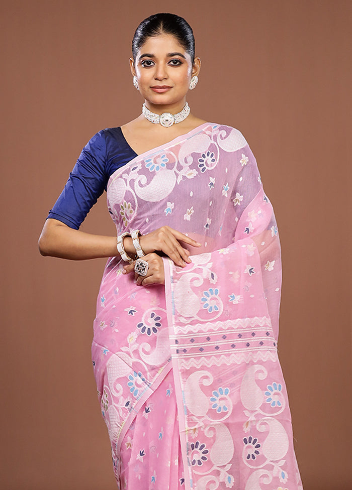 Pink Jamdani Cotton Saree Without Blouse Piece