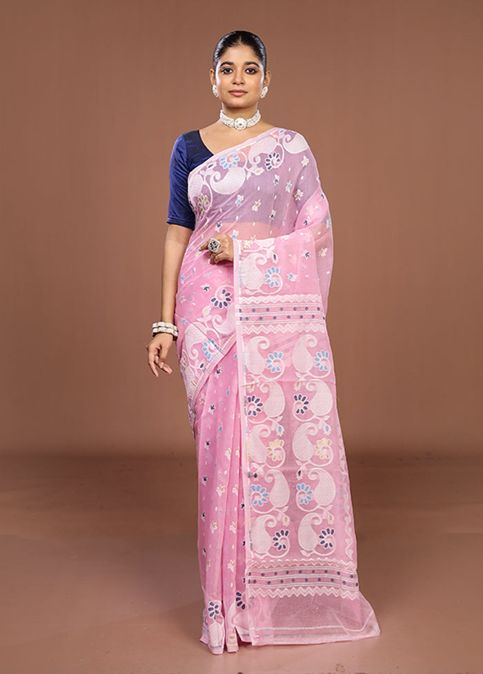 Pink Jamdani Cotton Saree Without Blouse Piece