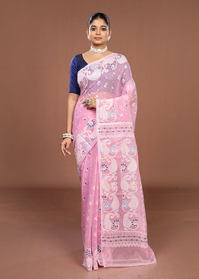 Pink Jamdani Cotton Saree Without Blouse Piece