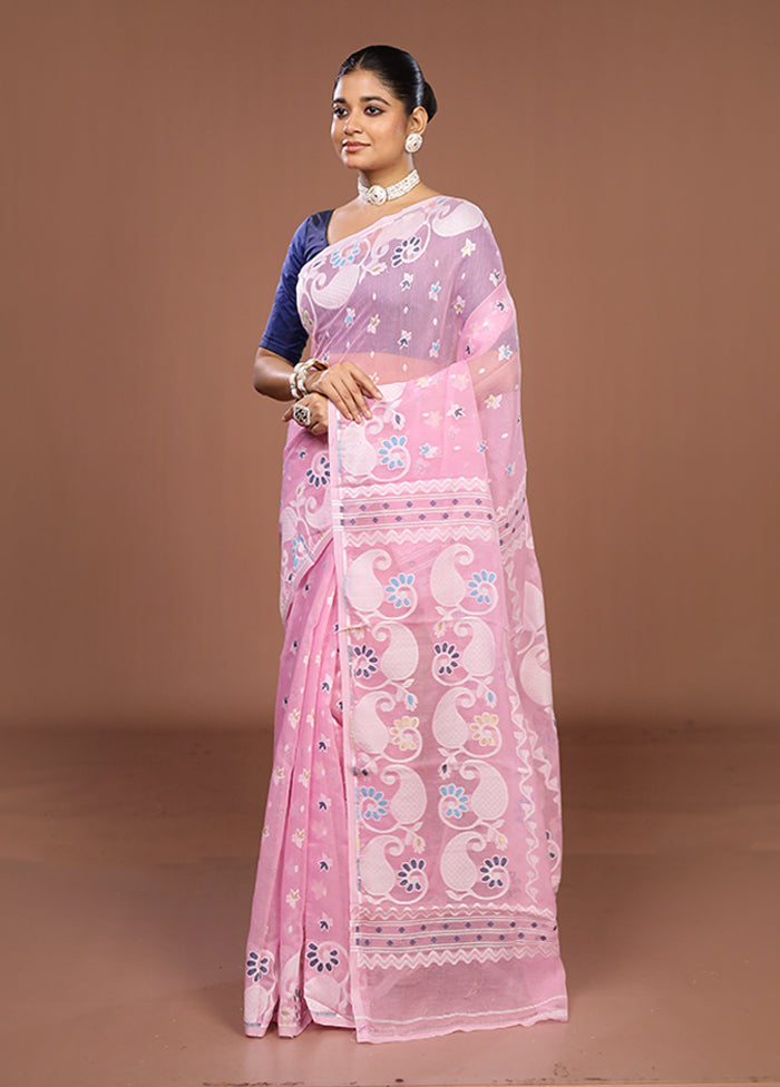 Pink Jamdani Cotton Saree Without Blouse Piece