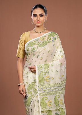 Cream Jamdani Cotton Saree Without Blouse Piece