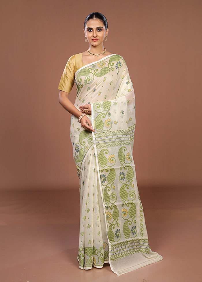 Cream Jamdani Cotton Saree Without Blouse Piece