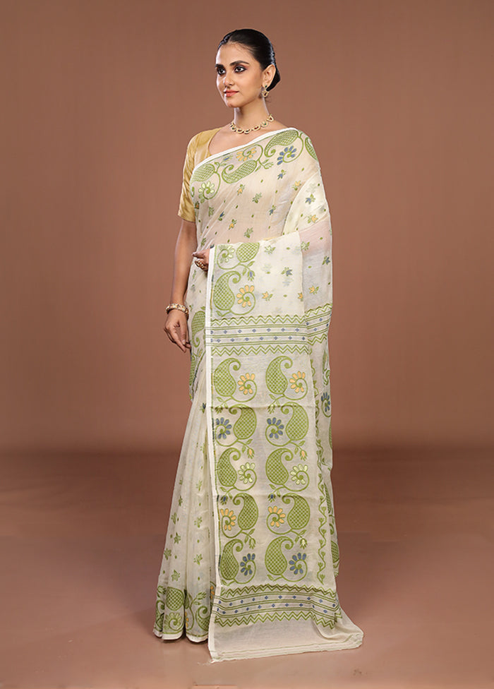 Cream Jamdani Cotton Saree Without Blouse Piece