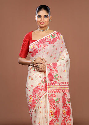 Cream Jamdani Cotton Saree Without Blouse Piece