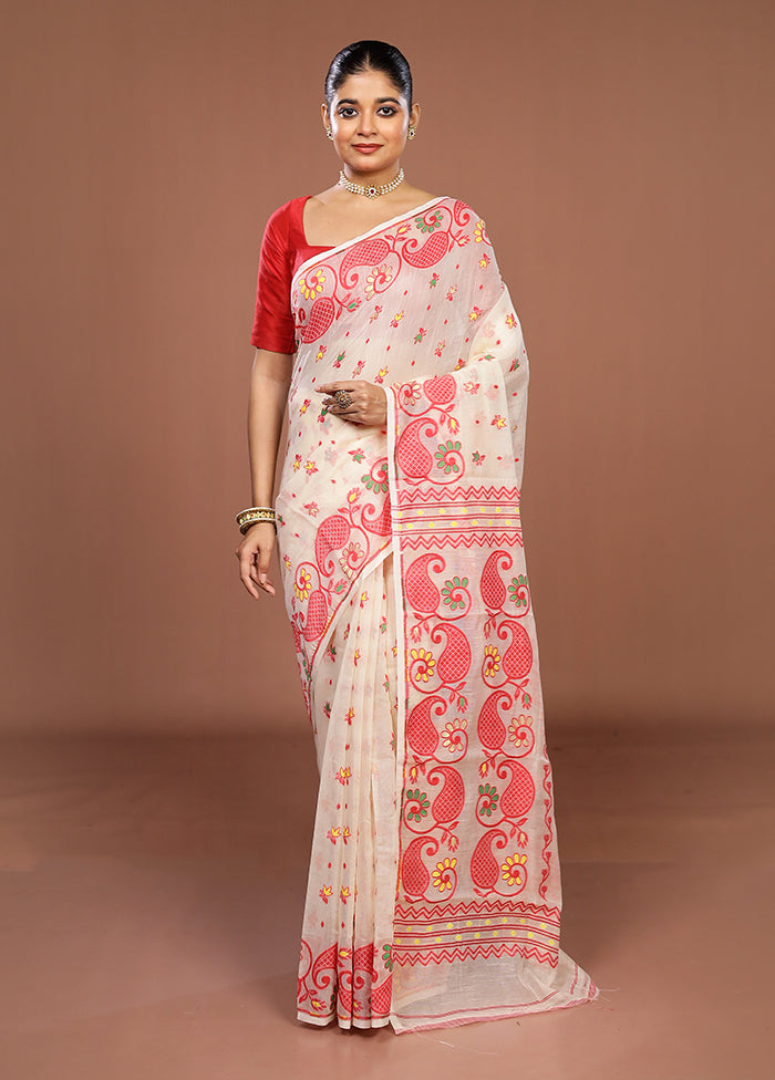 Cream Jamdani Cotton Saree Without Blouse Piece