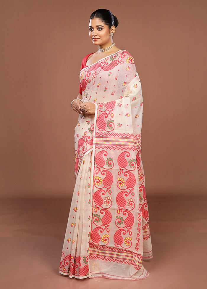 Cream Jamdani Cotton Saree Without Blouse Piece