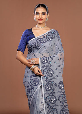 Grey Jamdani Cotton Saree Without Blouse Piece