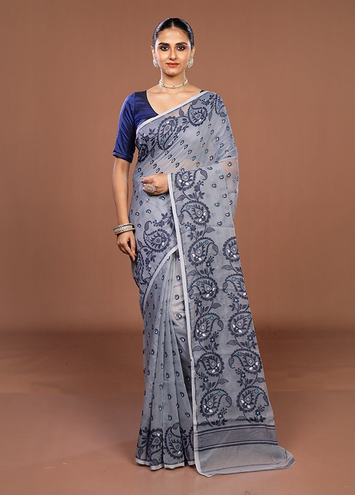 Grey Jamdani Cotton Saree Without Blouse Piece