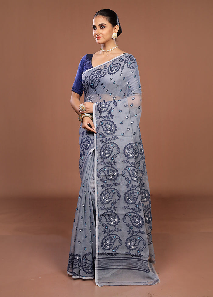 Grey Jamdani Cotton Saree Without Blouse Piece