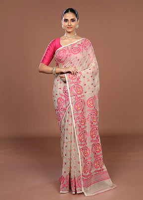 Cream Jamdani Cotton Saree Without Blouse Piece