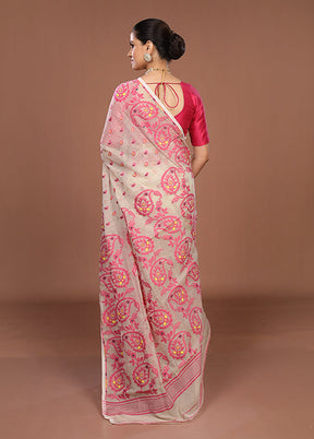 Cream Jamdani Cotton Saree Without Blouse Piece