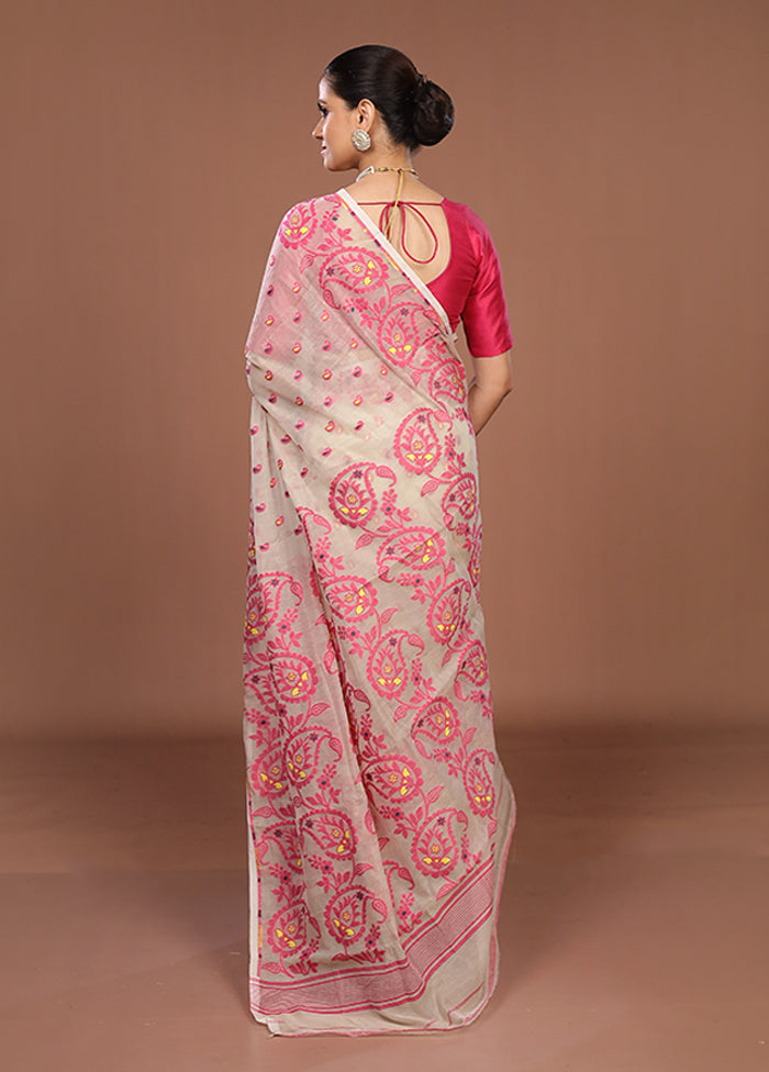 Cream Jamdani Cotton Saree Without Blouse Piece
